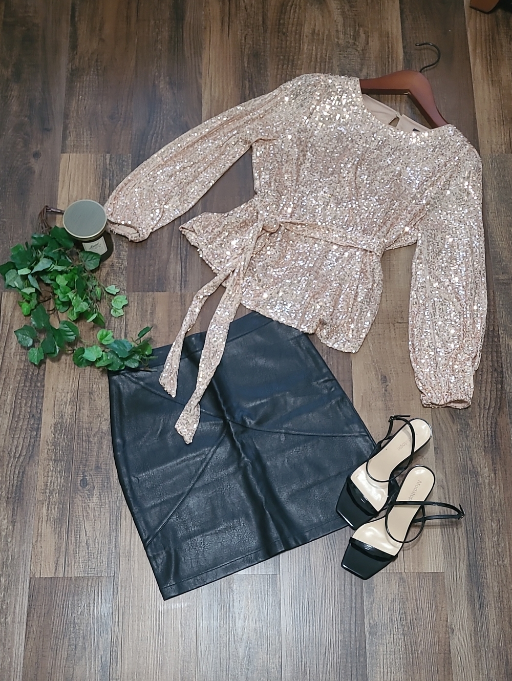Vici Gold Sequin Cold Sleeve Belted Blouse
